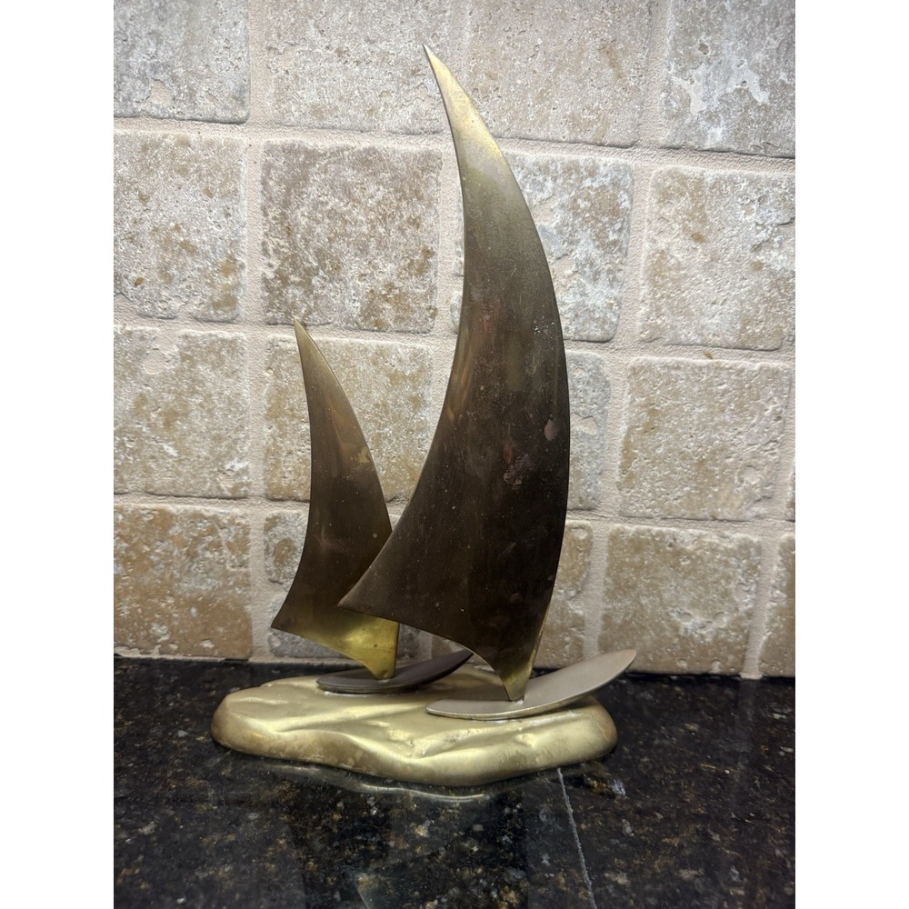 MCM Mid Century Vintage Solid Brass Double Sailboat Nautical Ship Sculpture